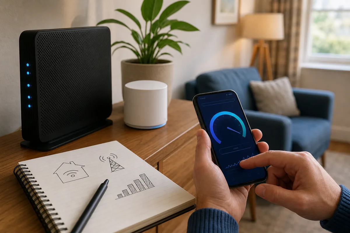 Hand holding a phone showing a speed test beside a home router